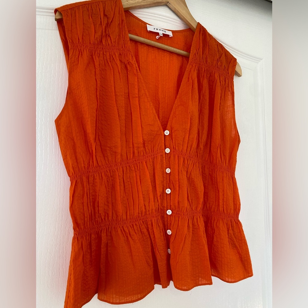 Frame Button Down Orange Crush Ruched Top - Picture 7 of 16